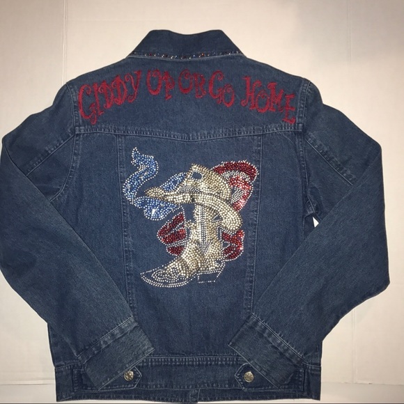 Don't Mess With Texas Blue Denim Jean Jacket Size Small Bling Bedazzled Trucker - Picture 1 of 6